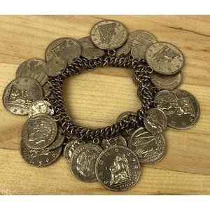 Vintage French Rare Different Coins Charm Stretch Bracelet Bronze Color Unsigne